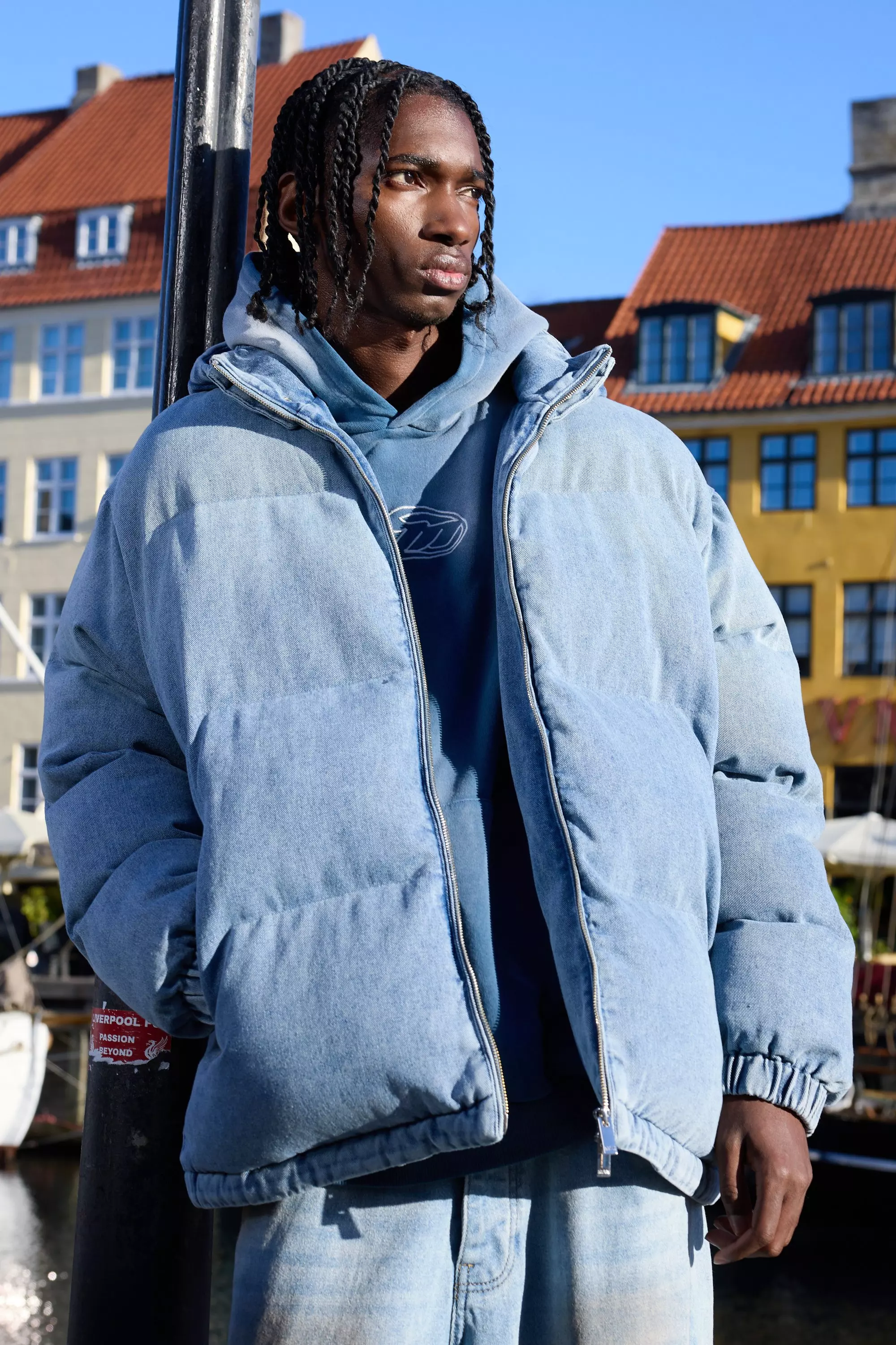 Oversized Funnel Neck Detachable Hood Denim Puffer Jacket boohooMAN USA